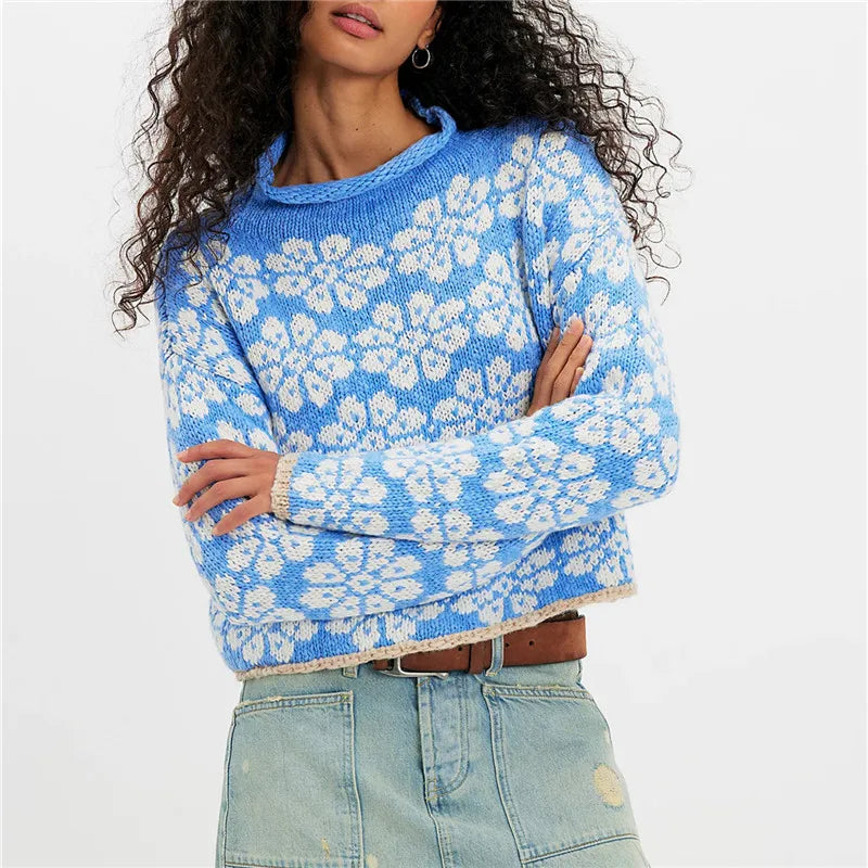 VacationGrabs Oversized Cropped Knit Sweater Women Roll Neck Floral Jacquard Pattern Contrast Trim Long Sleeve Loose Pullover Knit Top