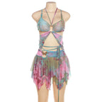 Y2K Aesthetic Butterfly Print 3 Pcs Set Long Flare Sleeve Shawl Halter Lace Up Sexy Top Skirt Sets Fashion Summer Beach Outfits