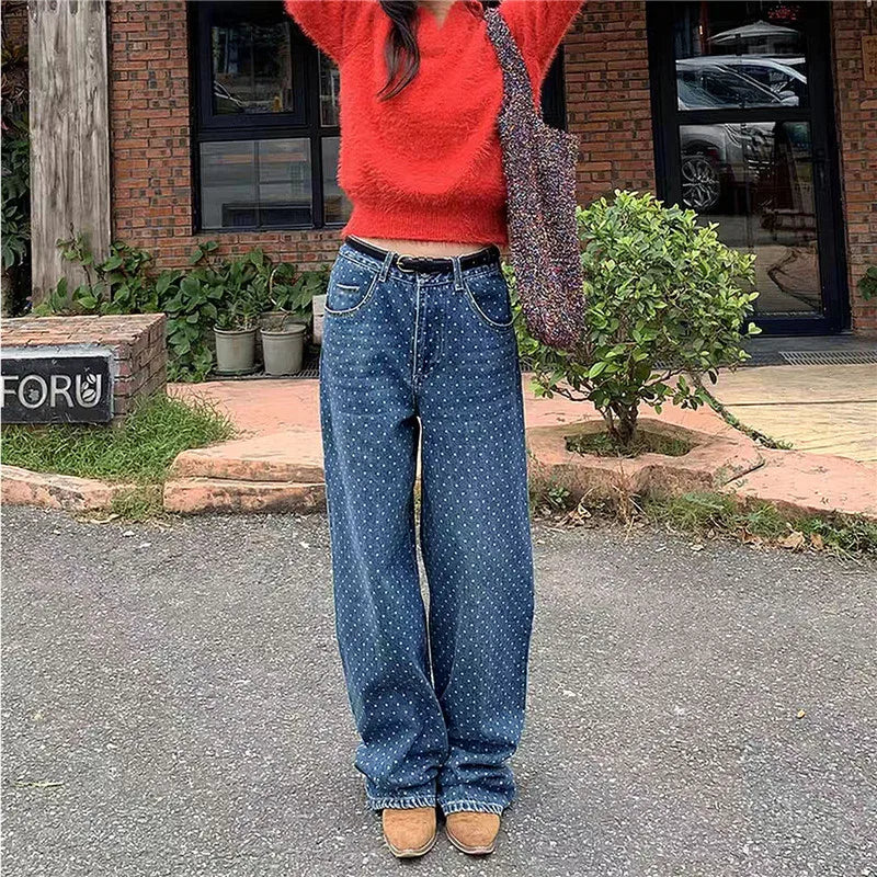 VacationGrabs Y2K Polka Dot Jeans Women Vintage Stretch Wide Leg Denim Pants Casual Distressed Baggy Boyfriend Jeans with Pockets