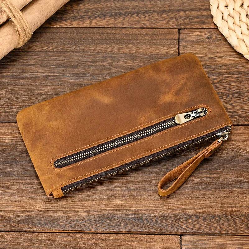 Crazy Horse Leather Zipper Wallet with Key Chain for Coins & Cards - VacationGrabs