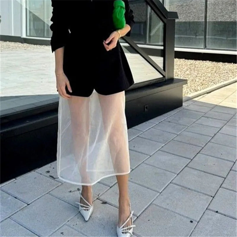 VacationGrabs Women Minimalist Sheer Mesh Layering Midi Skirt Transparent See-Through Trimmed Hem Versatile Overlay Skirt CasualOffice