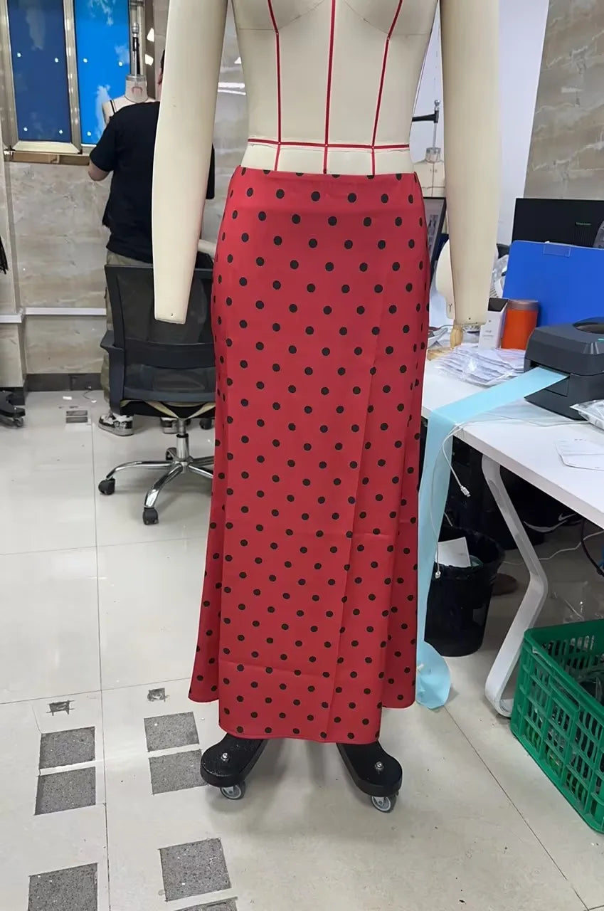 VacationGrabs French Vintage Polka Dot Satin Skirt High Waist Silky Midi Skirt Elegant Retro Print For Women Summer Y2K Streetwear