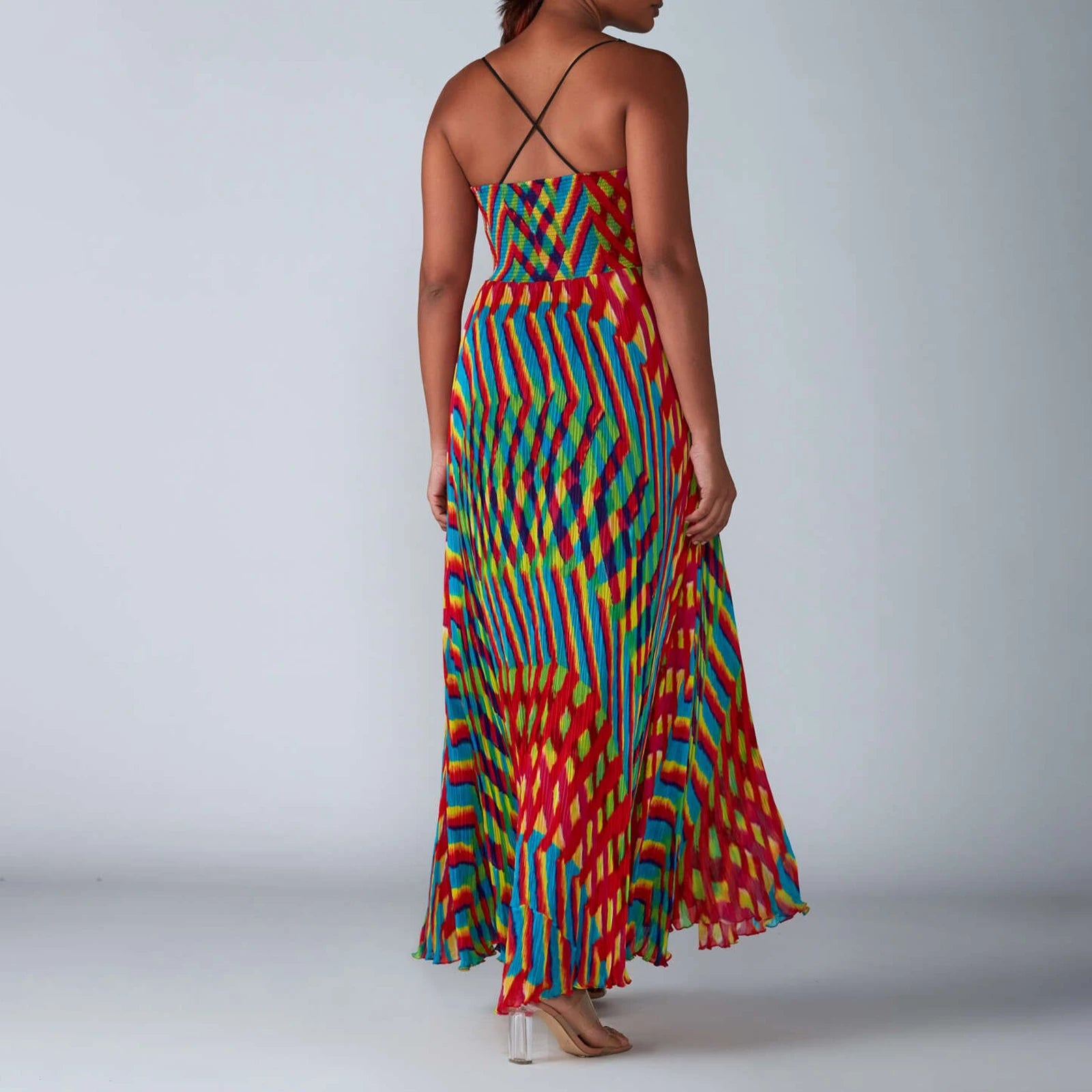 Women Boho Smocked Maxi Dress Graphic Sleeveless Spaghetti Strap Backless Flowy Dress Summer Beach Long Slip Dress