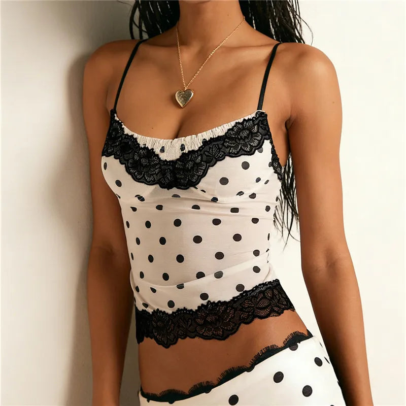 VacationGrabs Women's Summer Slim Camisole Lace Patchwork Y2K Polka Dot Print Spaghetti Strap Mesh Tank Tops Streetwear