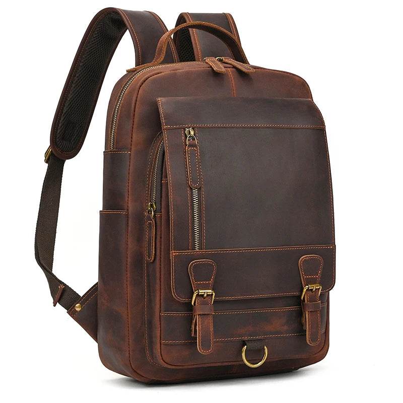 Crazy Horse Leather Men’s Laptop Backpack Travel Computer Bag - VacationGrabs