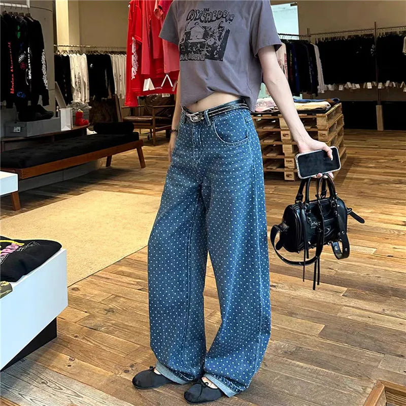 VacationGrabs Y2K Polka Dot Jeans Women Vintage Stretch Wide Leg Denim Pants Casual Distressed Baggy Boyfriend Jeans with Pockets