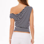 VacationGrabs Asymmetrical One Shoulder Ruched Casual Draped Top Women Y2K Striped Off Shoulder T-Shirt Short Sleeve Cinched Waist Top