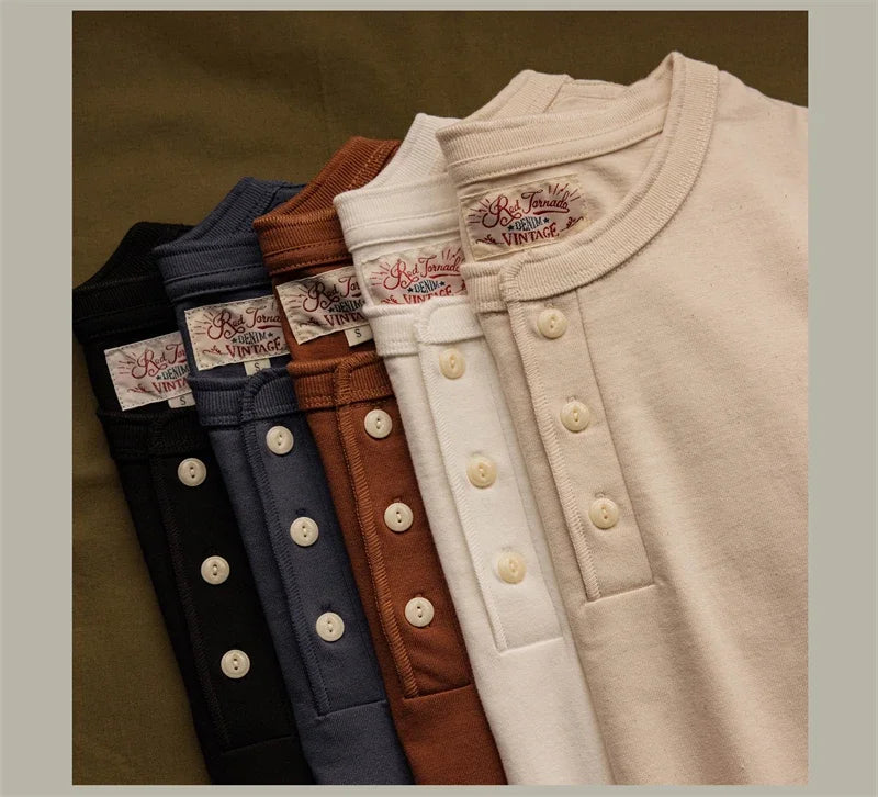 Red Tornado Short Sleeve Henley T-Shirt Heavyweight Cotton Every Day Tee Amekaji