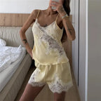 VacationGrabs Satin Lace Patchwork Pajama Set For Women V Neck Thin Strap Sleeveless Top Elastic Short Pants Sweet Home Loungewear