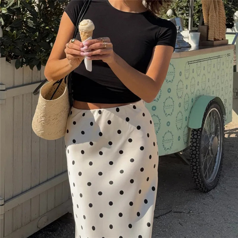 VacationGrabs French Vintage Polka Dot Satin Skirt High Waist Silky Midi Skirt Elegant Retro Print For Women Summer Y2K Streetwear