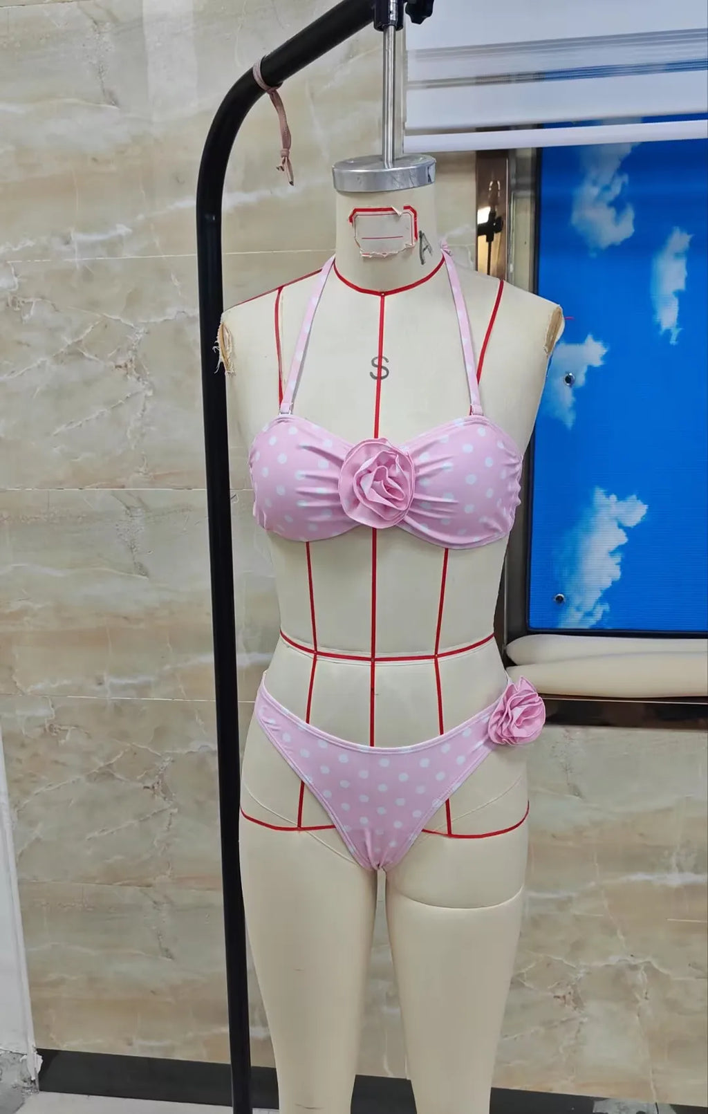 VacationGrabs Women's 3 Piece Bikini Set Fashion Dot Print Halter Neck Bra Triangle Thong Bathing Suit with Cover Up Pants