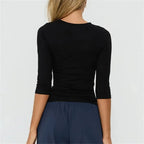 VacationGrabs Women Keyhole Cutout Neck 3/4 Sleeve Crop Top Slim Fitted Solid Crew Neck Button Detail T Shirt Y2K Casual Streetwear