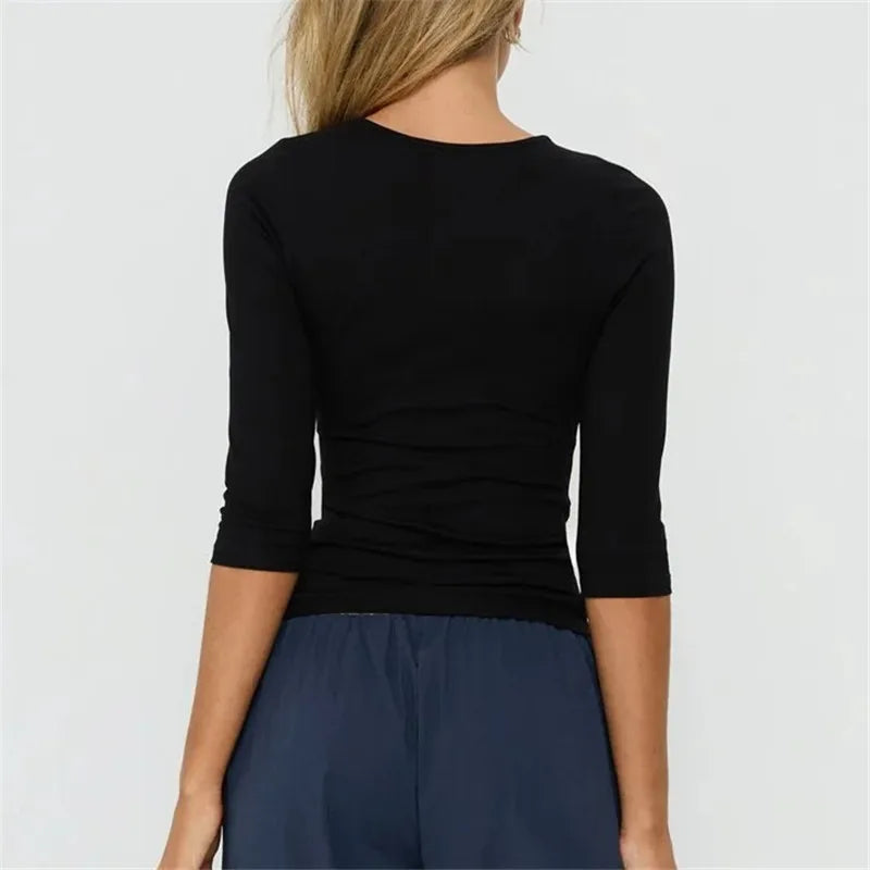 VacationGrabs Women Keyhole Cutout Neck 3/4 Sleeve Crop Top Slim Fitted Solid Crew Neck Button Detail T Shirt Y2K Casual Streetwear