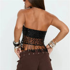VacationGrabs Edgy Black Sequin Mesh Tube Top Women Strapless Sheer Lace Fringe Trim Crop Top for Nightclub