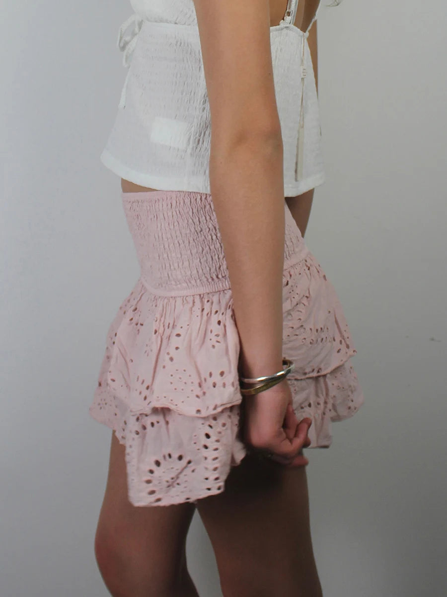 VacationGrabs Women Y2K Ruffle Layered Mini Skirts Smocked A Line Pleated Short Skirt Boho Beach Mini Skirt Cute Skirts for Teen Girls