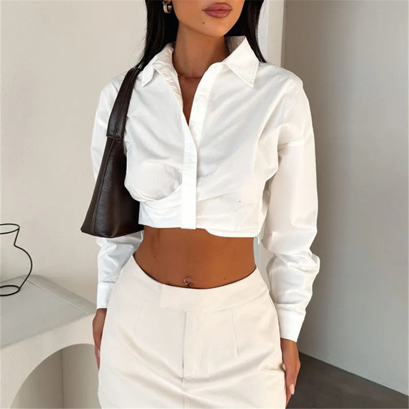 VacationGrabs Women’s Cropped Button Down Shirts Fashion Lapel V-Neck Long Sleeve Solid Color Tops Spring Fall Blouse Streetwear