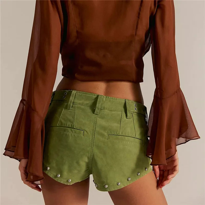 VacationGrabs Y2K Vintage Rivet Faux Suede Micro Shorts Women Low Waist Slim Skinny Hot Pants Retro Streetwear Club Night Mini Shorts