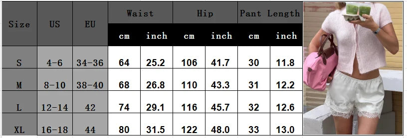 VacationGrabs Women’s Summer Satin Silk Shorts Fashion Elastic Waist Lace Hem Wide Leg Lounge Shorts Coquette Going Out Pants