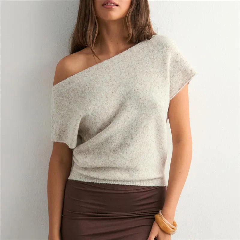 VacationGrabs Off Shoulder Short Sleeve Knit T-Shirt Women Casual Loose Elegant Female Solid Sexy Knit Pullover Top Tees Outerwear