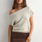 VacationGrabs Off Shoulder Short Sleeve Knit T-Shirt Women Casual Loose Elegant Female Solid Sexy Knit Pullover Top Tees Outerwear