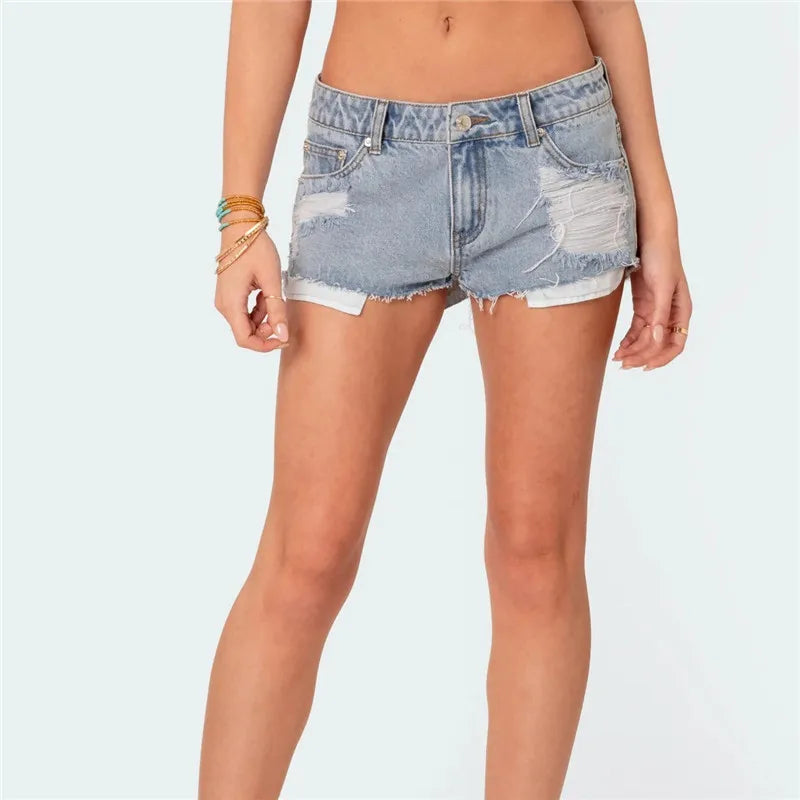 VacationGrabs Womens Low Waist Distressed Denim Shorts Frayed Raw Hem Ripped Jeans Shorts with Inner Layer Casual Streetwear Hot Pants