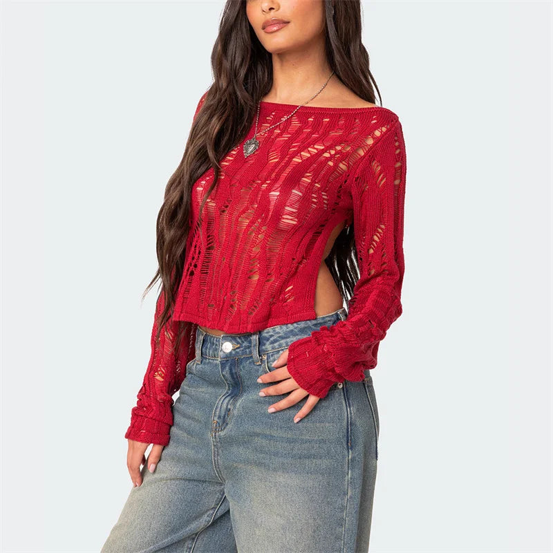 VacationGrabs Women Open Back Knit Top Hollow Out Ripped Sweaters Long Sleeve Distressed Sheer Backless Crochet Crop Tops Vintage