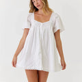 VacationGrabs Square Neck Eyelet Lace Mini Dress Women Flutter Short Sleeve Front Button Pleated Loose Babydoll Summer Vacation Dress