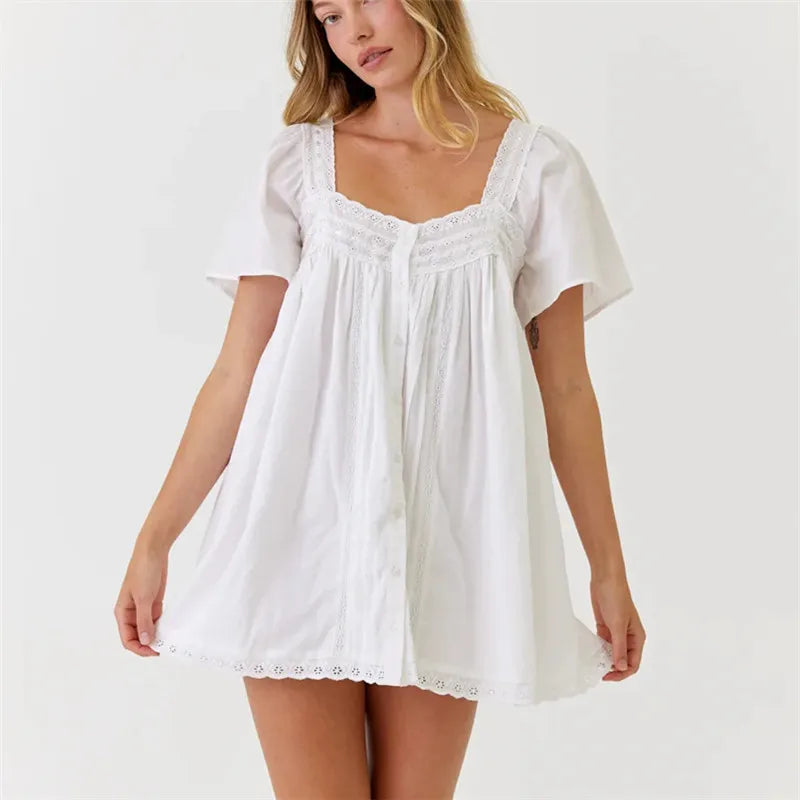 VacationGrabs Square Neck Eyelet Lace Mini Dress Women Flutter Short Sleeve Front Button Pleated Loose Babydoll Summer Vacation Dress