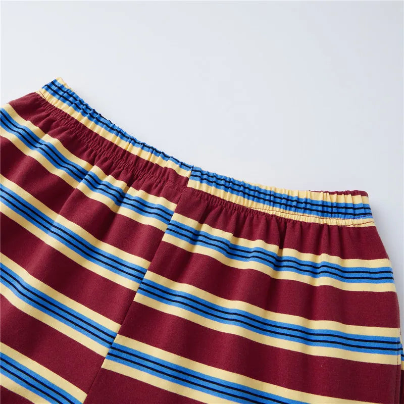 VacationGrabs Striped Two Piece Outfit Women Contrast Trim Oversized Short Sleeve Tee And Elastic Waist Shorts Casual Loungewear Set