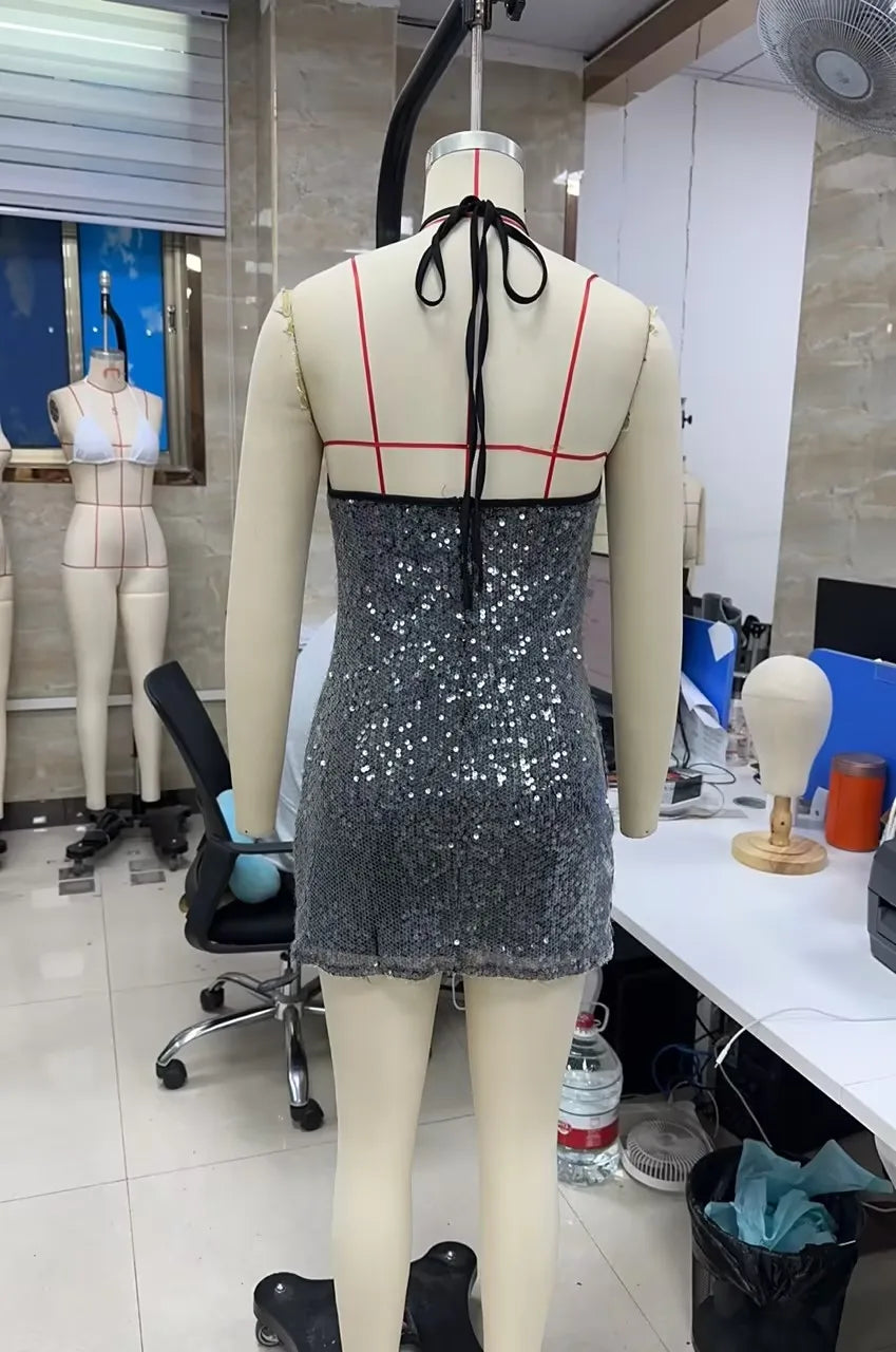VacationGrabs Y2K Sparkly Sequin Halter Mini Dress Women Back Tie Backless Sleeveless Tight Bodycon Dress Glitter Club Party Dress