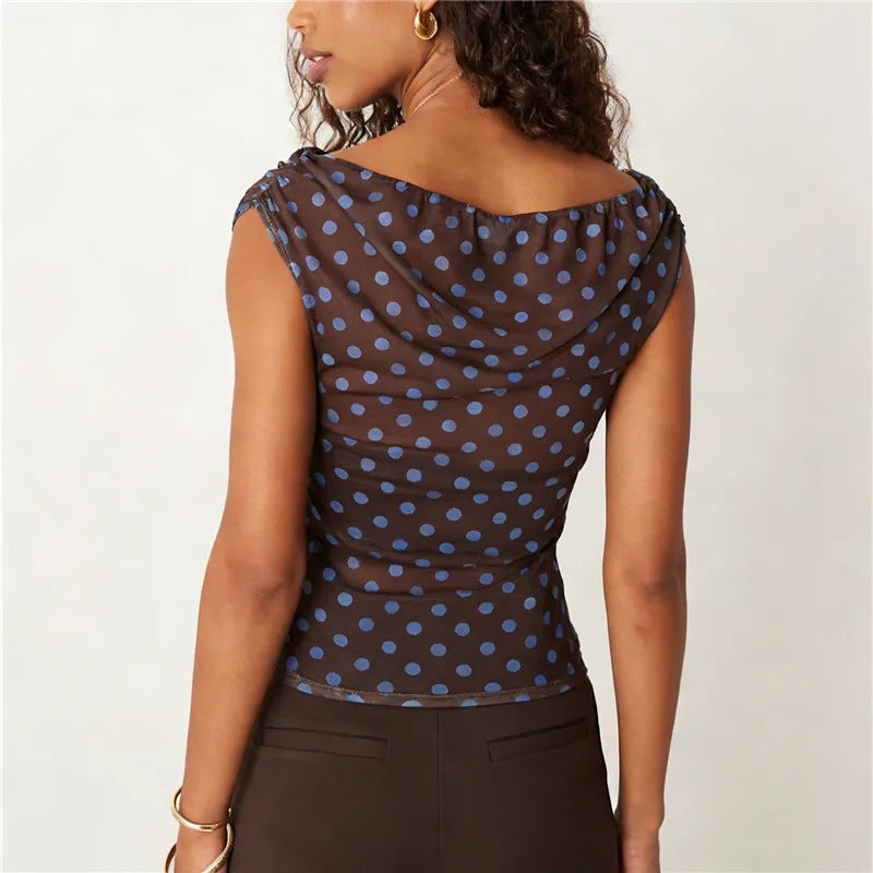 VacationGrabs Summer Ladies Sheer Polka Dot Mesh Top Asymmetric Off Shoulder Ruched Sleeveless Blouse Casual Daily Summer Streetwear