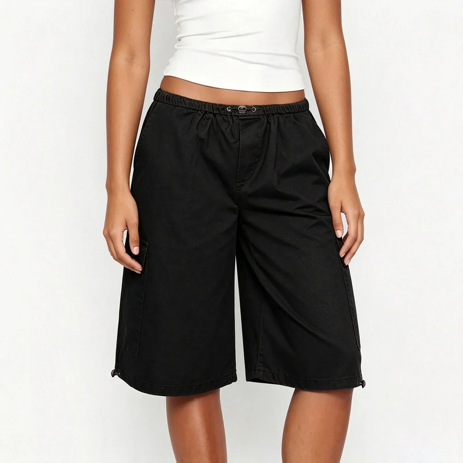 VacationGrabs Women's Knee Length Cargo Shorts Elastic Drawstring Waist Loose Fit Bermuda Capris with Pockets Casual Streetwear Summer