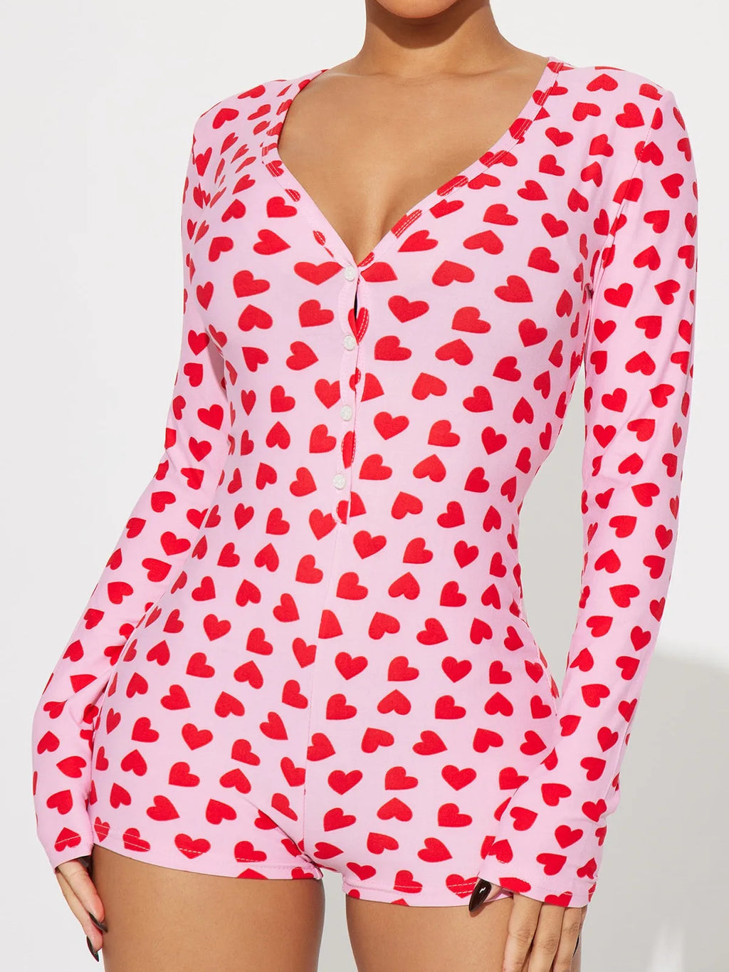 VacationGrabs Women Valentines Day Jumpsuit Pajama Romantic Heart Print Long Sleeve V Neck Button Front Shorts Romper Fitted Sleepwear