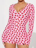 VacationGrabs Women Valentines Day Jumpsuit Pajama Romantic Heart Print Long Sleeve V Neck Button Front Shorts Romper Fitted Sleepwear