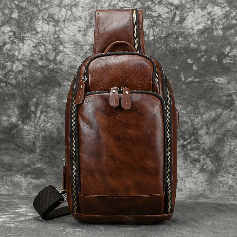 Luufan Men's Chest Bag Genuine Leather Shoulder Messenger Bag Male Sling Bags Travel Day Pack Tablet Design Crossbody Summer Bag