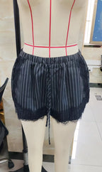 VacationGrabs Women's Pinstripe Lace Trim Shorts Elastic Waist Drawstring Contrast Color Fringe Hem Casual Lounge Streetwear Shorts