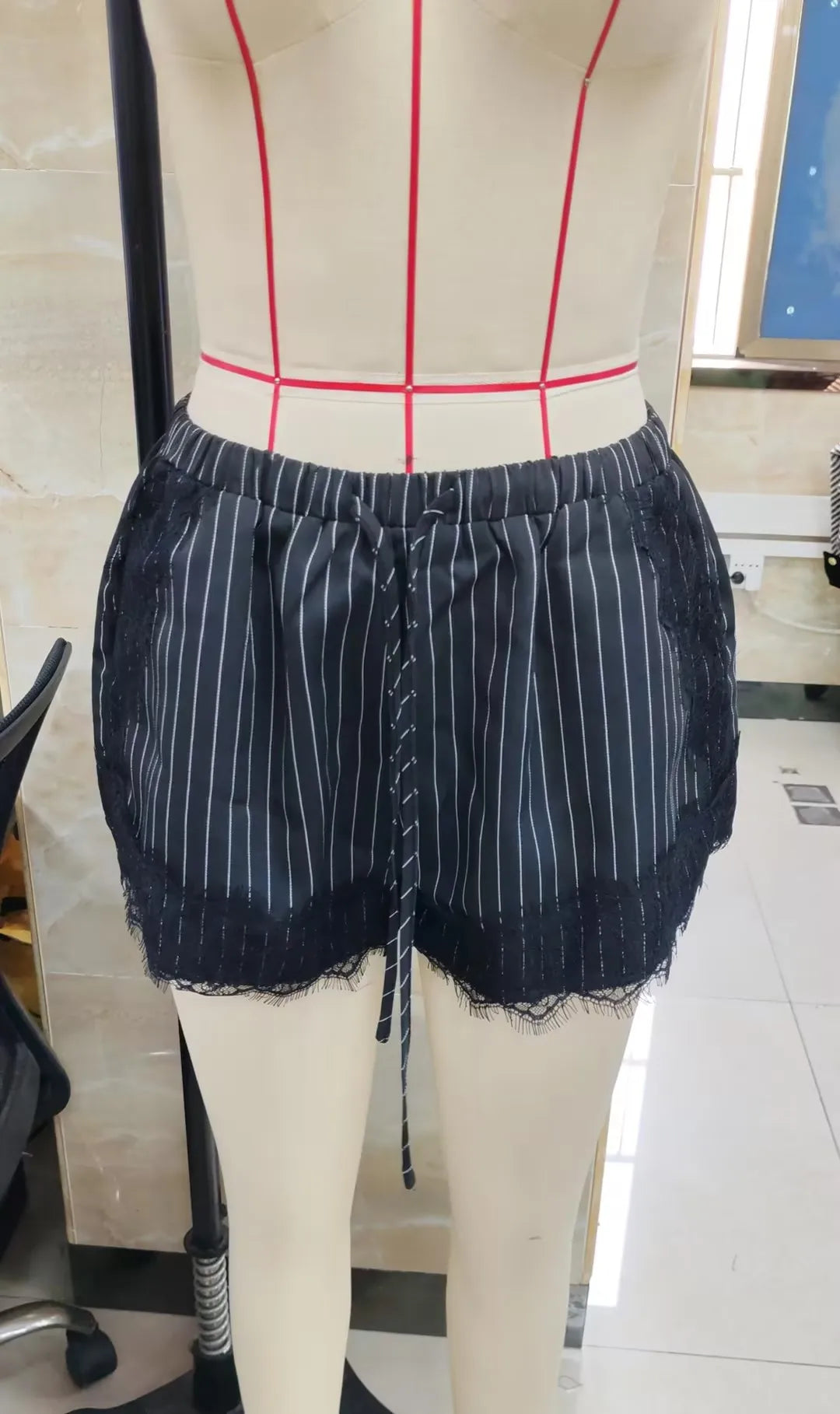VacationGrabs Women's Pinstripe Lace Trim Shorts Elastic Waist Drawstring Contrast Color Fringe Hem Casual Lounge Streetwear Shorts