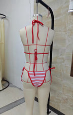 VacationGrabs Striped Triangle Bikini Set Halter Neck Tie Top Side Tie Thong Bottoms Backless Swimwear for Women Beachwear Bathing Sui