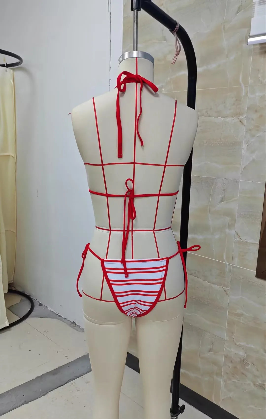 VacationGrabs Striped Triangle Bikini Set Halter Neck Tie Top Side Tie Thong Bottoms Backless Swimwear for Women Beachwear Bathing Sui
