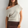 VacationGrabs Off Shoulder Short Sleeve Knit T-Shirt Women Casual Loose Elegant Female Solid Sexy Knit Pullover Top Tees Outerwear