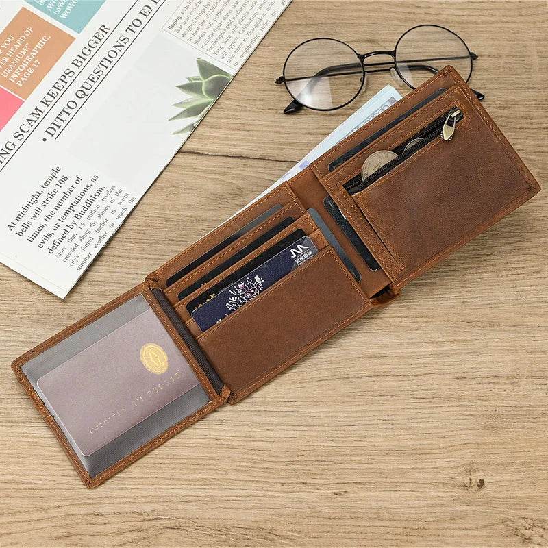 Leather Wallet for Men Crazy Horse Short Purse Multi Card Holder - VacationGrabs