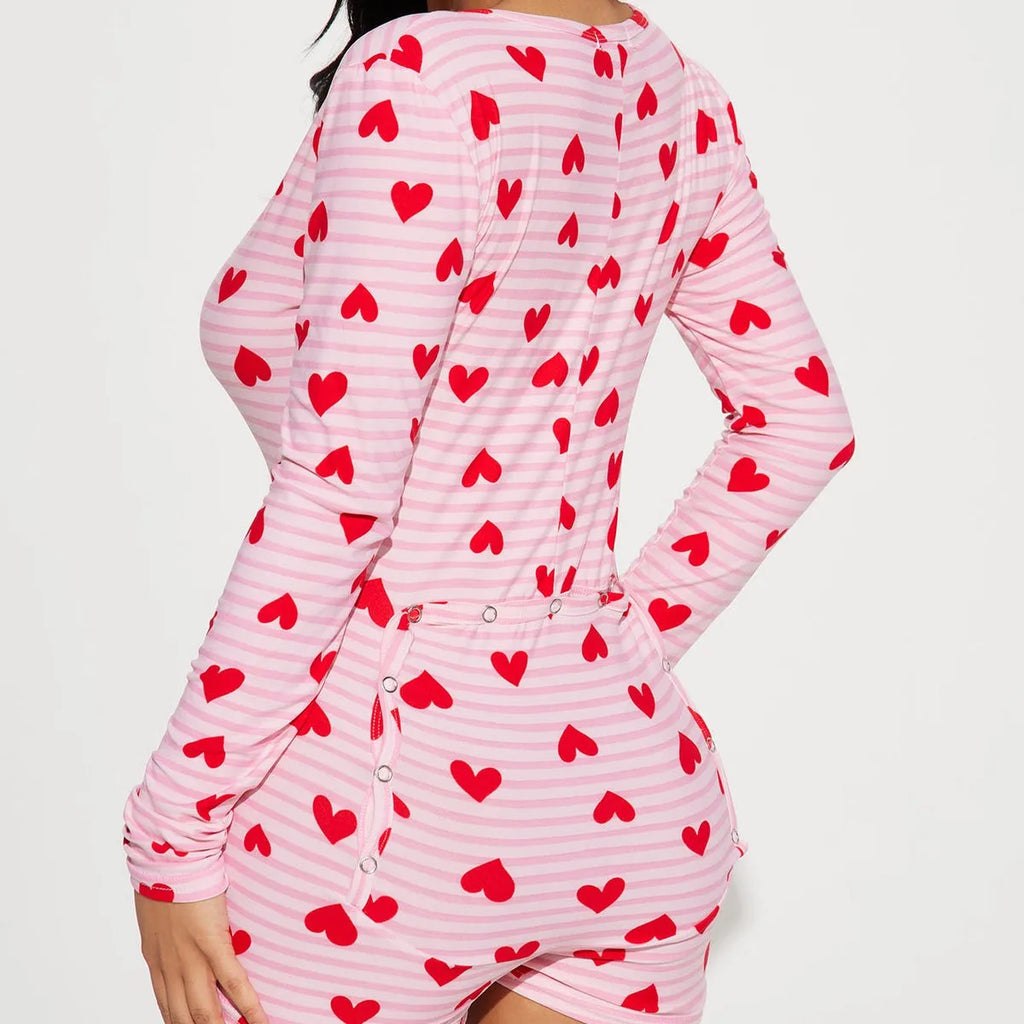 VacationGrabs Women Valentines Day Jumpsuit Pajama Romantic Heart Print Long Sleeve V Neck Button Front Shorts Romper Fitted Sleepwear