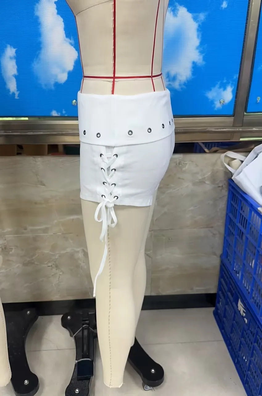 VacationGrabs Y2K Sexy Women Low Rise Lace Up Mini Shorts Foldover Waist Eyelet Detail Micro Booty Shorts Clubwear Party Casual Shorts