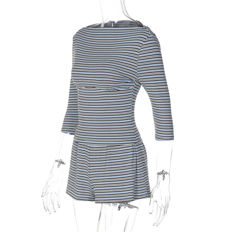 VacationGrabs Women Y2K Striped Two Piece Set Boat Neck 3 4 Sleeve Crop Top with Shorts Slim Fit Casual Daily Street Matching Outfit
