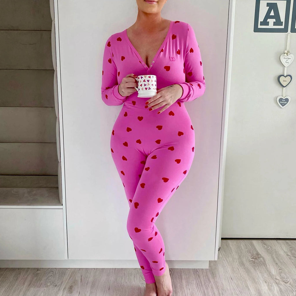 VacationGrabs Women Bodycon Jumpsuits Heart Print V-Neck Long Sleeve Rompers Fall Winter Casual Playsuits Valentine's Day Clothes