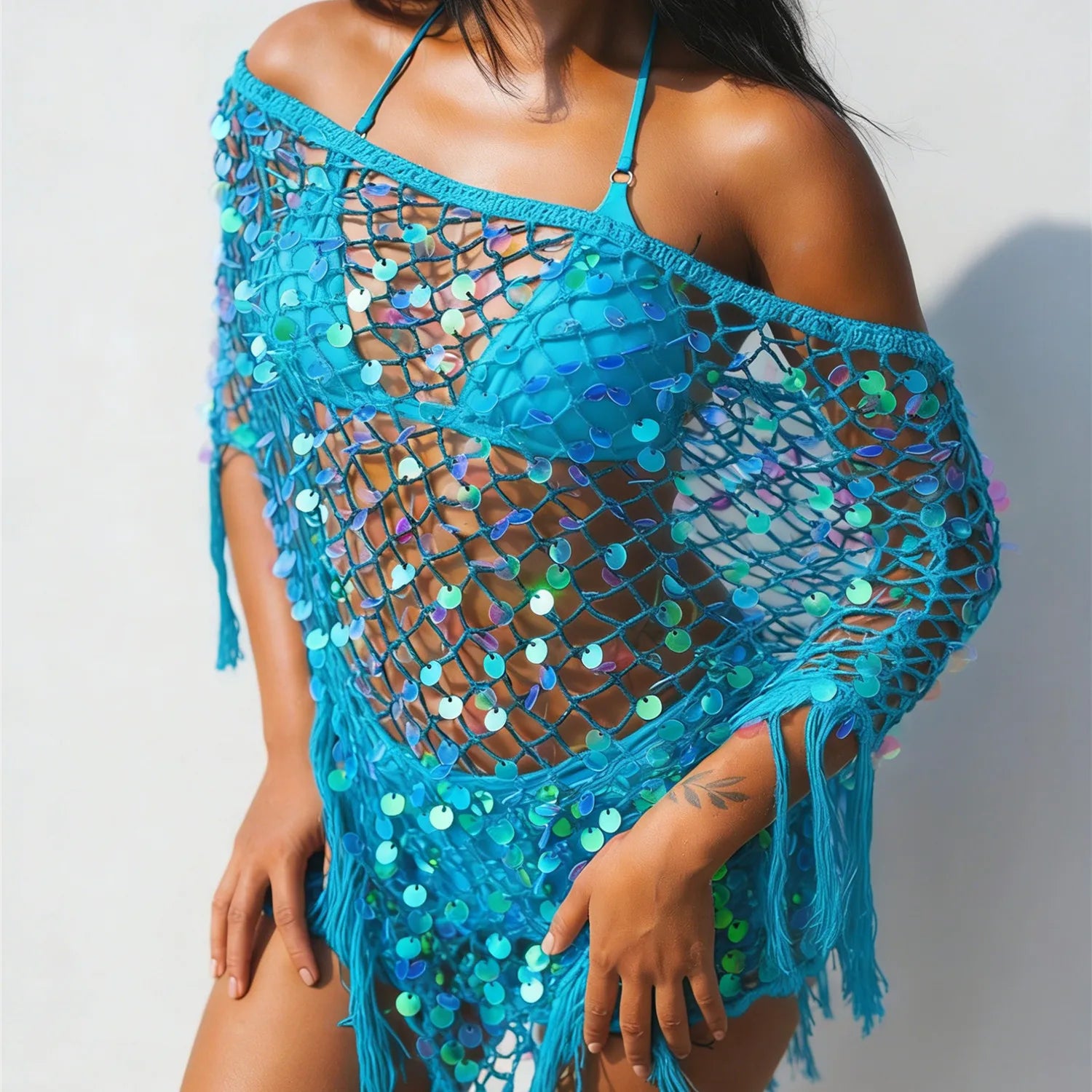 VacationGrabs Women's Tassel Knit Ponchos Fashion Sequin Off One Shoulder Loose Fit Crochet Shrug Shawl for Casual Beach Wear