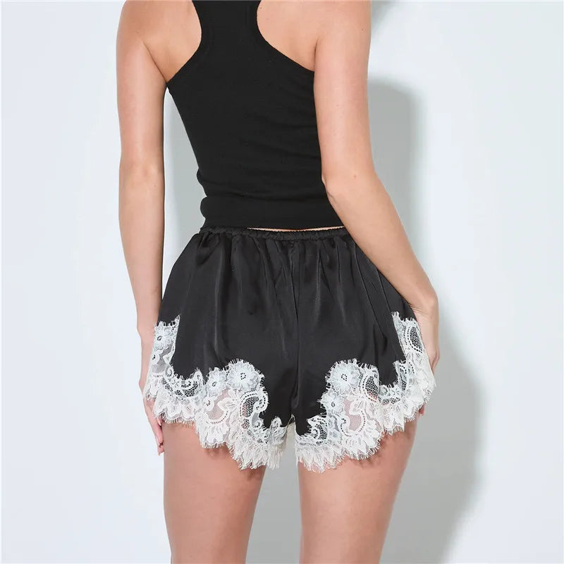 VacationGrabs Women's Mini Shorts Lace Patchwork Drawstring Elastic Waist Casual Summer Loose Lounge Shorts Y2K Vintage Streetwear