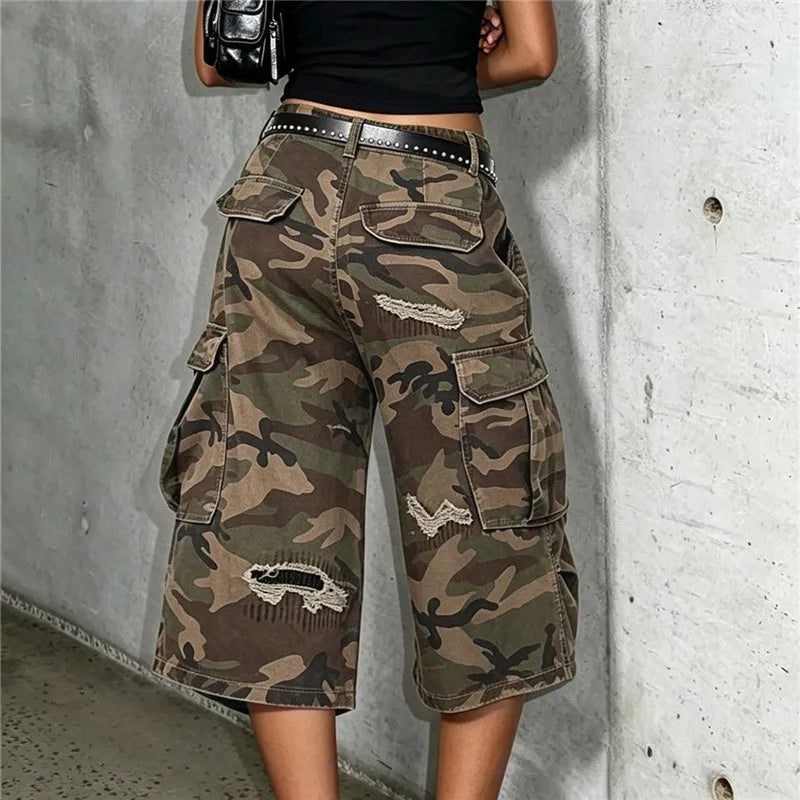 VacationGrabs Y2K Hip Hop Camo Cargo Capri Shorts Women Distressed Ripped Multi Side Pocket Baggy Wide Leg Camouflage Streetwear
