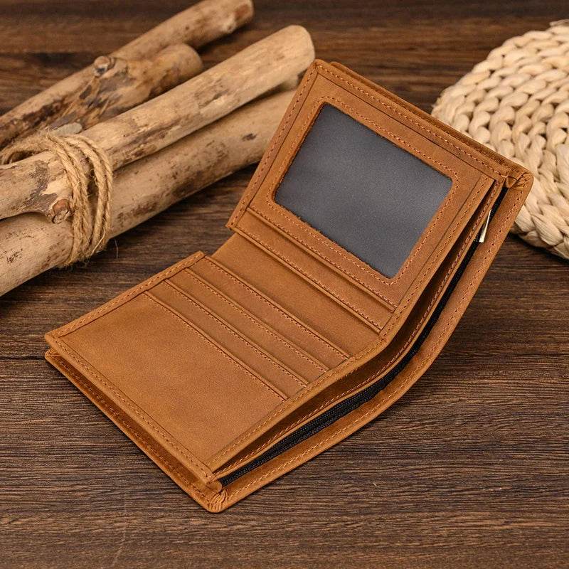 Crazy Horse Leather Short Wallet for Men Vintage Coin Card Holder - VacationGrabs