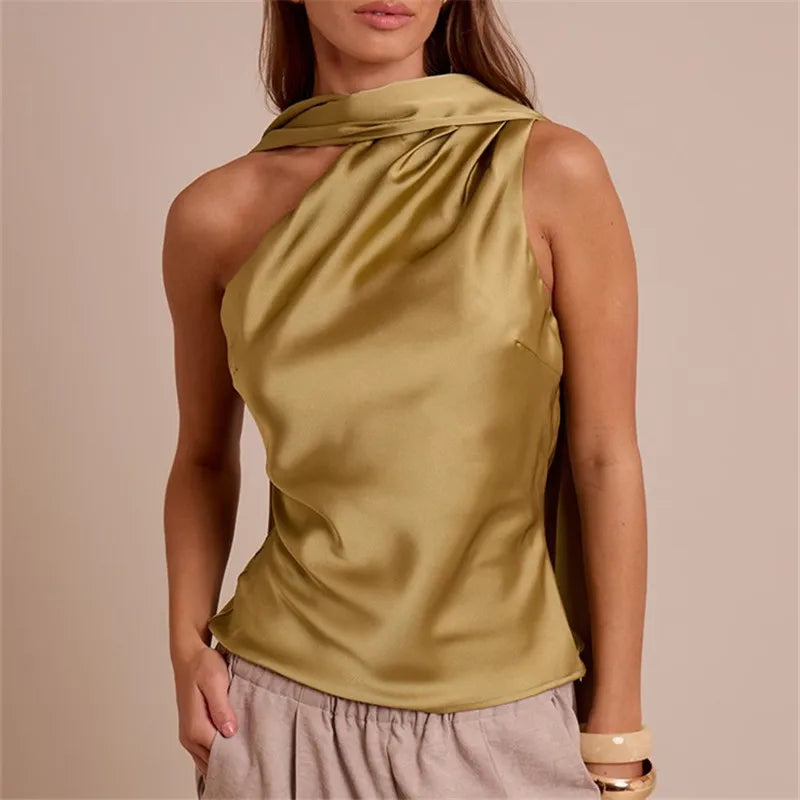 VacationGrabs Summer Satin Tank Top Fashion Solid Backless Sleeveless with Scarf Ribbon Tanks High-Street Party Vacation Women's Top
